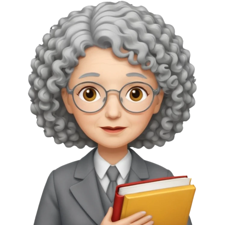 elderly female, curly hair, holding book, wearing gray suit emoji
