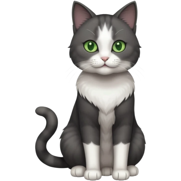 full body view of beautiful female solid dark grey cat with green eyes, white toes/paws and white patch on her chest emoji