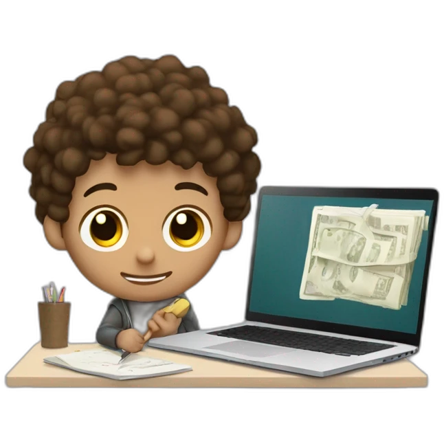 a boy with textured brown hair, with one hand writing on a Windows laptop, and with the other hand holding a stick, and who has money and a notebook on his desk emoji