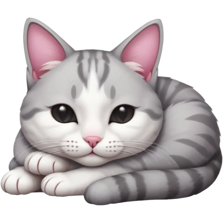 grey and white small cat with its eyes closed lying down with his head leaning on his paw emoji
