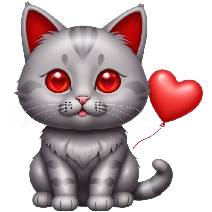 British cat holding a metallic red and heart-shaped balloon emoji