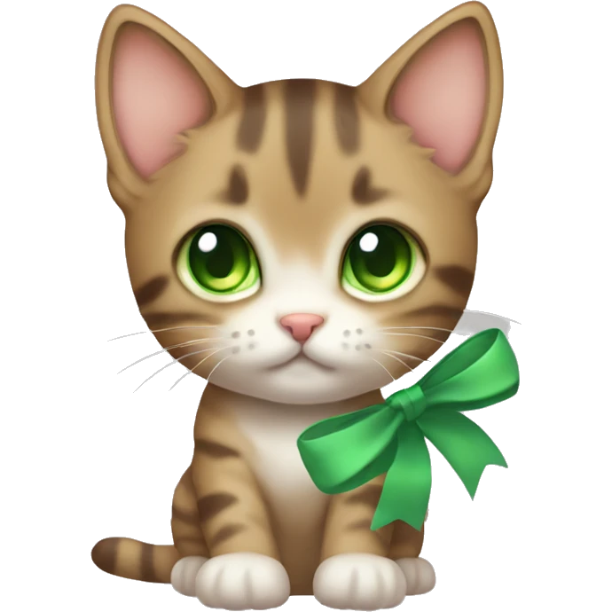 kawaii brown tabby kitten with green eyes and pastel green bow emoji