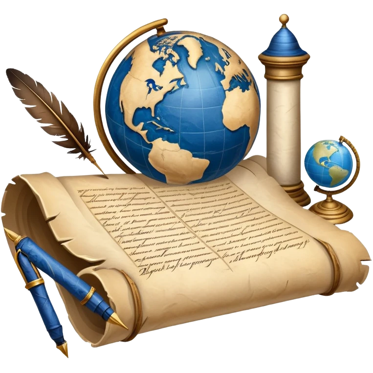 An icon featuring an ancient scroll, a quill pen, and a globe, symbolizing the study of history. The design includes a timeline with significant historical events, with ruins in the background to evoke past civilizations. Transparent background emphasizes the exploration of human history emoji