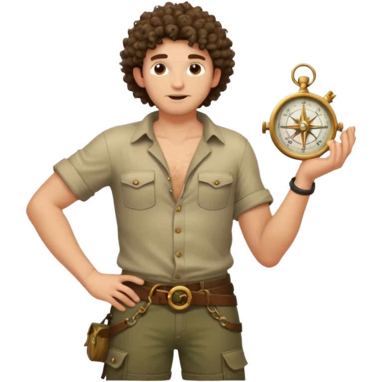 full body jungle explorer man, curly hair, from behind, half-open shirt slipping off shoulders, relic compass in hand emoji