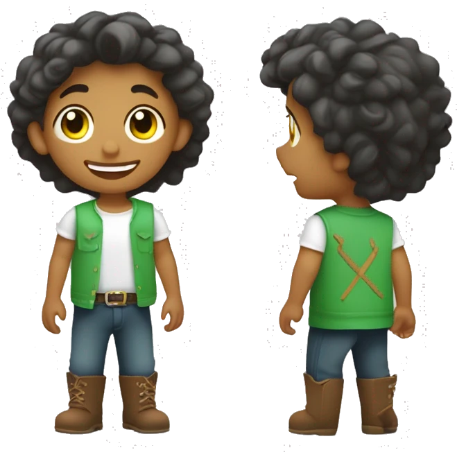 Un niño con el pelo rizado y moreno, con los ojos verdes y una sonrisa que le falta un diente tiene varias pecas por la cara y va vestido con un peto vaquero y una camiseta por dentro del peto, de color blanca. emoji