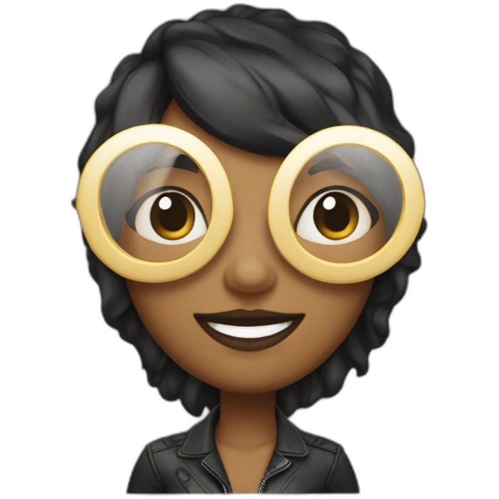 Persona morena con gafas negras y pelo medio rizado sobre la frente emoji
