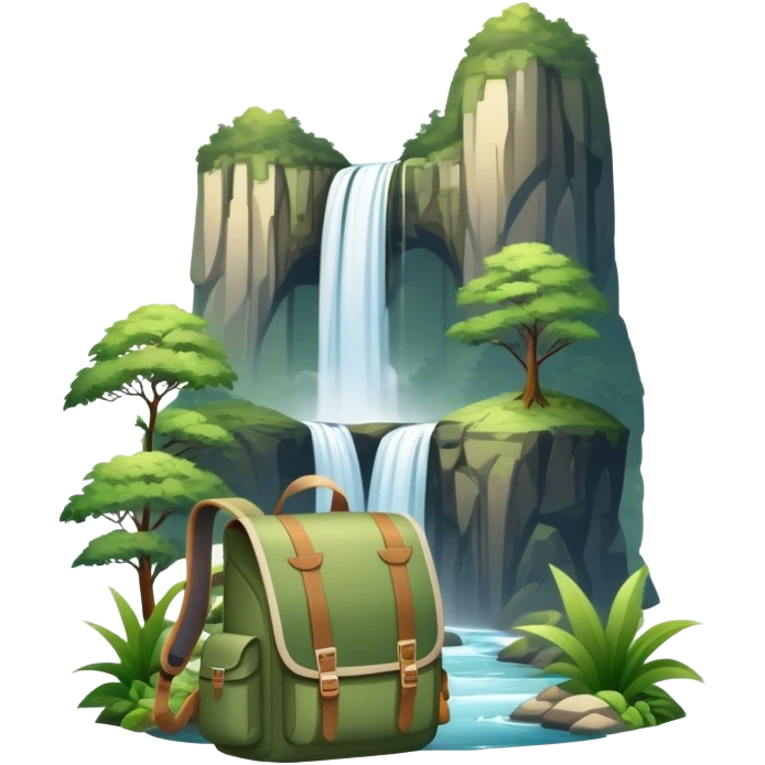 Icon for Ecotourism: lightweight hiking backpack and a scenic landscape with lush green forests, a waterfall, and wildlife, such as birds or animals in background. Transparent background. emoji