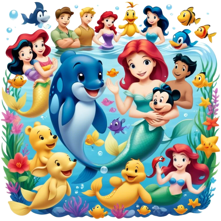 Icon for Animated Characters: A colorful, large-scale collage of beloved cartoon characters, including Franco, Mickey Mouse, Winnie-the-Pooh, Ariel the Little Mermaid, Jasmine and others. Bright and vibrant, full of whimsical charm. Transparent background. emoji