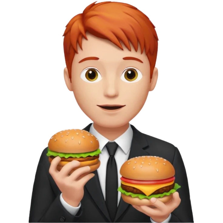 red haired male wearing suit eating hamburger emoji