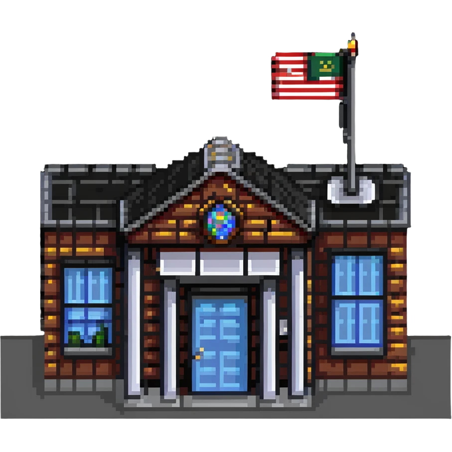 school building with classroom windows, entrance door, and flag pole emoji