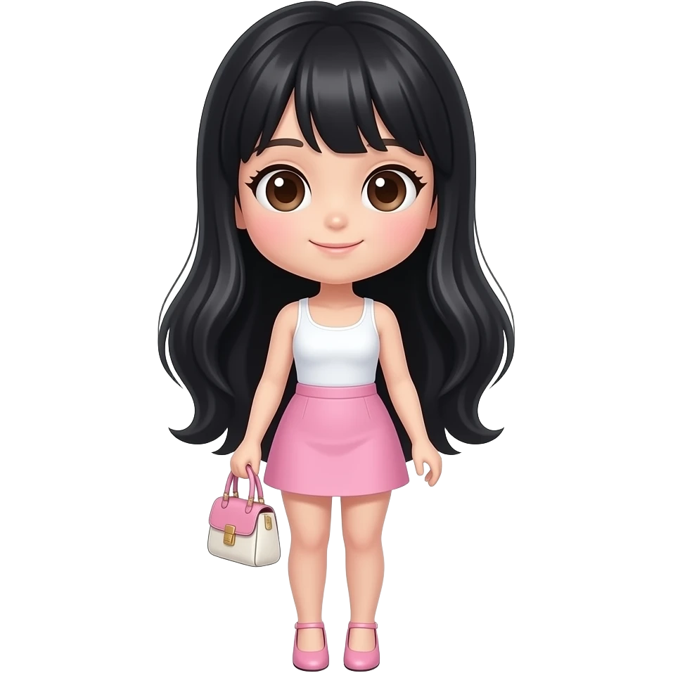 A cute, ethereal Asian doll-looking girl with long thick shiny black hair, dark brown almond-shaped eyes, full boy, light pink mini skirt, white tank top, light pink heels, light pink and white mini handbag, give more of emoji vibes and not muuch like drawing emoji