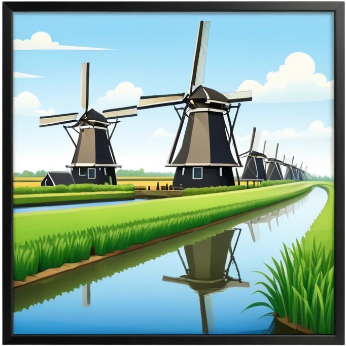 cinematic-realistic-kinderdijk-windmills-landmark-emoji,-showcasing-traditional-dutch-windmills-aligned-along-a-tranquil-canal,-with-lush-green-fields in a picture frame emoji