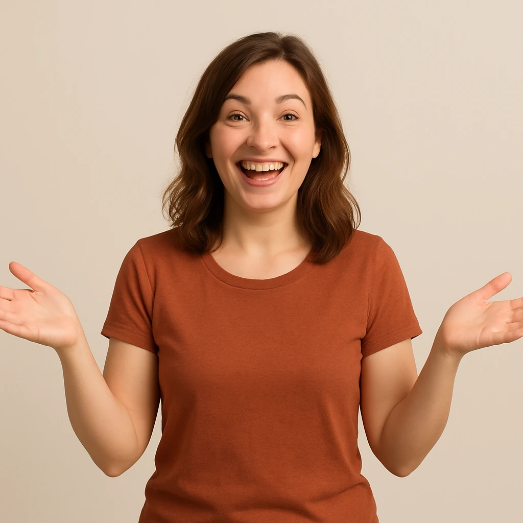 woman with both hands open in a welcoming pose, cheerful, simple background emoji