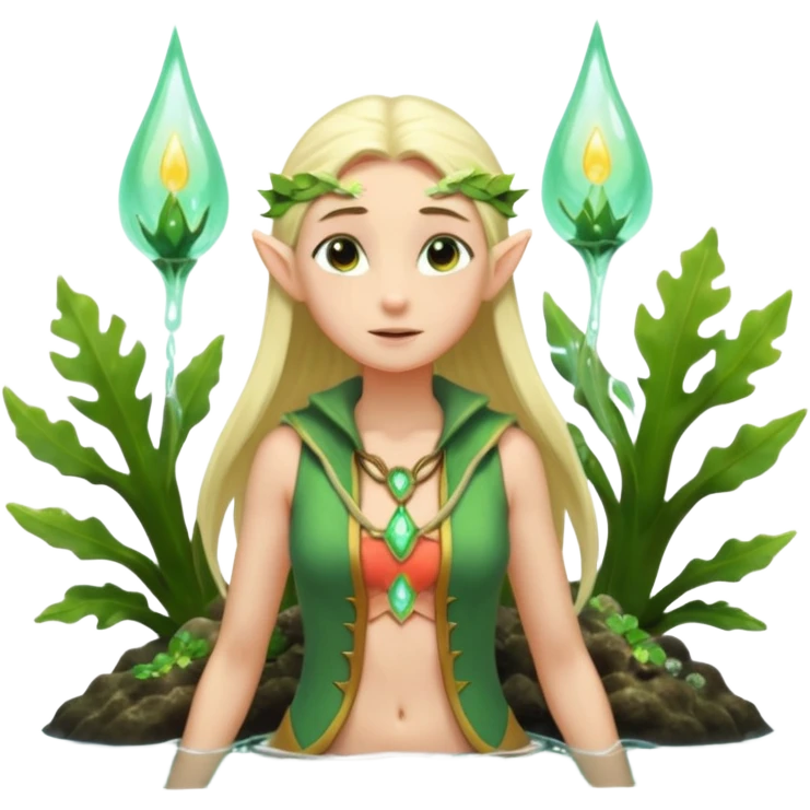 elf female legolas wading in shallow tide pool, palm emitting soft green light to heal glowing coral, practical open vest over bare chest, determined gaze, pointy ears, vibrant underwater plants, centered emoji, nature guardian summer emoji