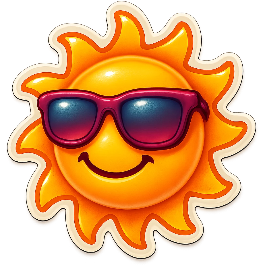 a smiling sun with sunglasses, retro sticker style emoji
