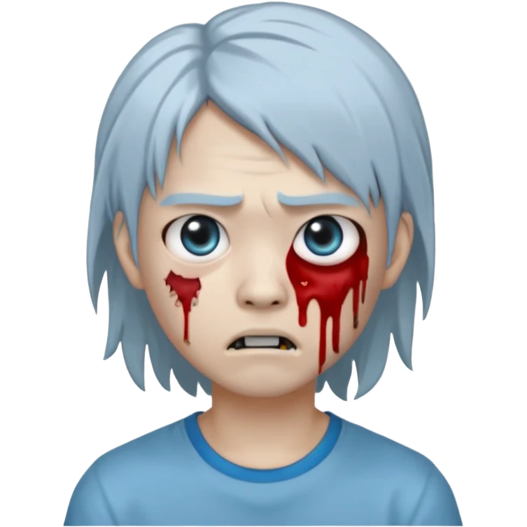 emoji-style avatar with very pale blue-grey zombie skin like , a young Asian face, and large eyes with blood tears. Give it white mullet-style hair, silver hoop earrings, and a simple black T-shirt. The expression should be neutral or slightly angry emoji