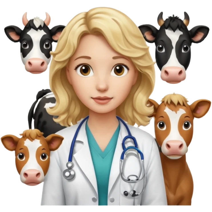 Joven mujer, de cabello rubio con ondas, veterinaria de perros, vacas y caballos emoji
