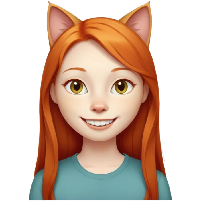 traditional emoji of young girl with very pale skin, long straight bright ginger red hair, cat-like almond-shaped eyes that are angled upward, wide flat nose, big smile with very large prominent teeth showing, classic round face emoji