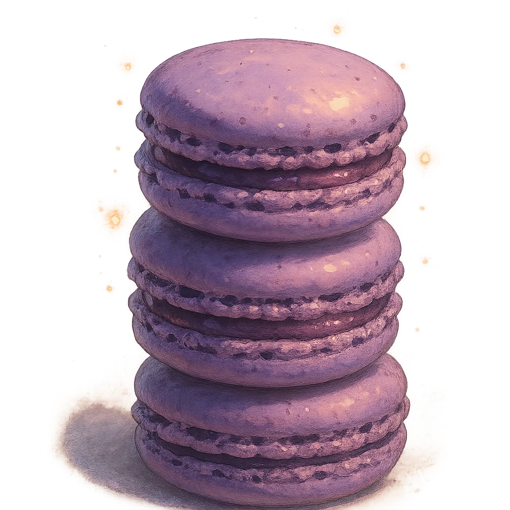 realistic Ghibli style stack of purple macarons, dreamy lighting, whimsical and delicious emoji