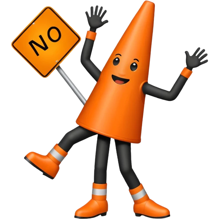 orange traffic cone with three legs dancing with sign in his hand saying “no ai” emoji