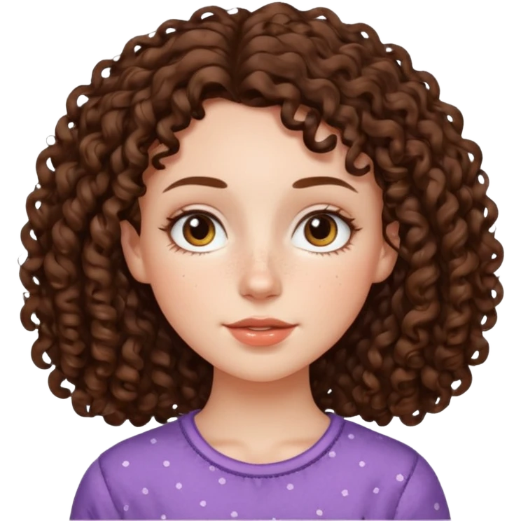 White girl with dark brown long 2C curly hair, brown almond shape eyes, small wide nose, natural lips. Cute clothnig emoji