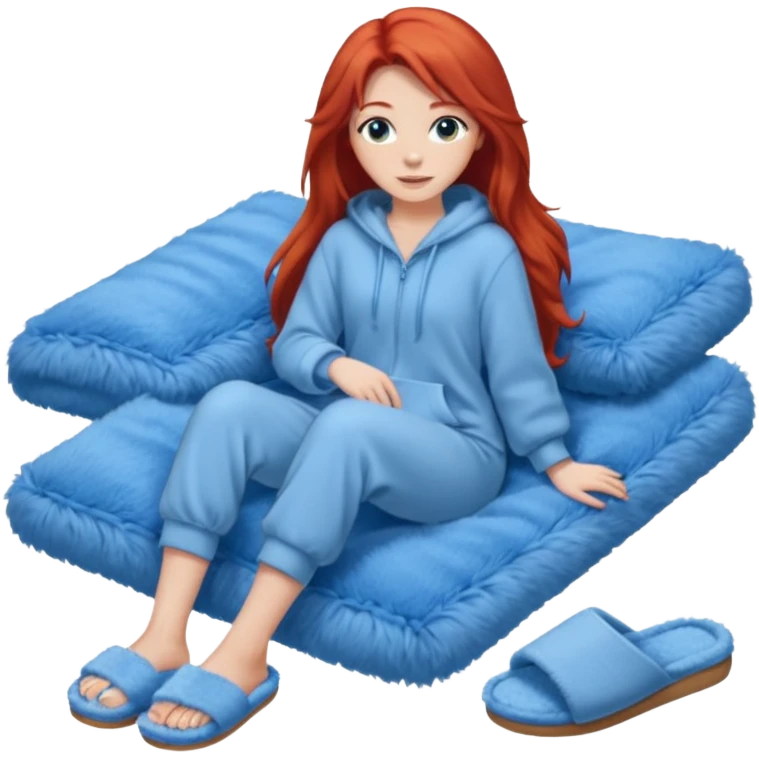 young woman with long red hear wearing comfy lounging outfit, wearing blue fuzzy slippers emoji
