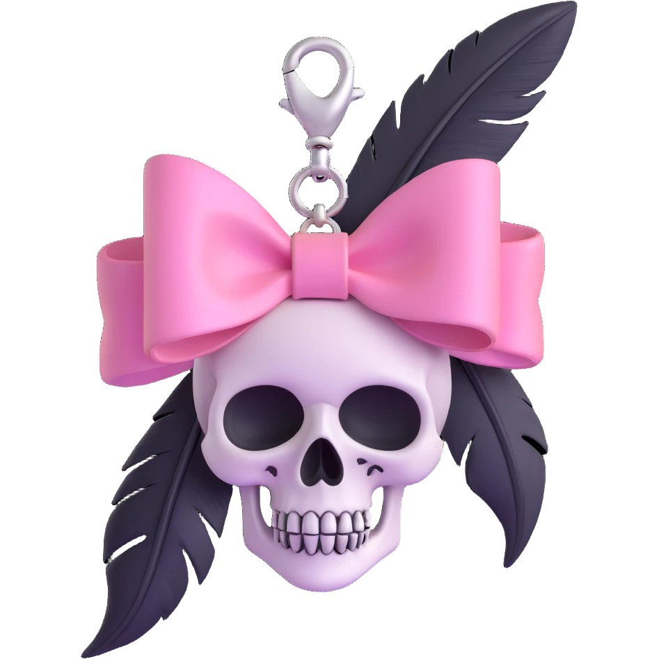 3D emoji style pink bow with gothic effect, pastel pink to black gradient, black feather accents, silver skull charm emoji