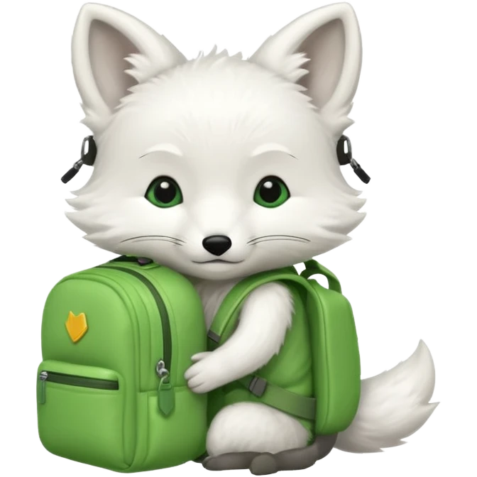 baby white fox wear green backpack emoji