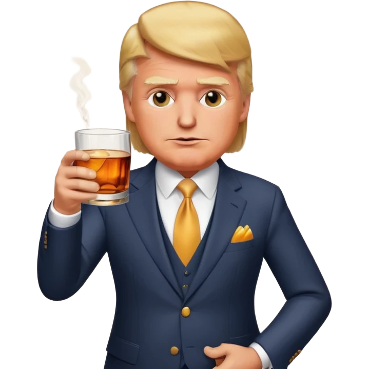 Donald Trump drinking whiskey, wearing a suit, with a confident smirk, holding a glass of amber whiskey, detailed facial expression, elegant background, stylish lighting, cartoonish emoji style. emoji