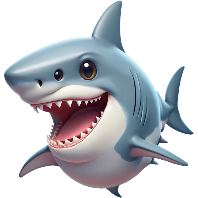 Cinematic Comical Shark Portrait Emoji, Head tilted dramatically with an exaggeratedly amused expression, featuring a striking, glossy streamlined body with bold accents and wide, expressive eyes filled with playful disbelief, Simplified yet hilariously expressive features, highly detailed, glowing with a slightly sassy glow, high shine, dramatic yet playful, stylized with an air of cheeky marine mischief, bright and endearing, soft glowing outline, capturing the essence of a spirited and over‐the‐top shark, so meme‐worthy it feels like it could snap its jaws into internet fame instantly! emoji