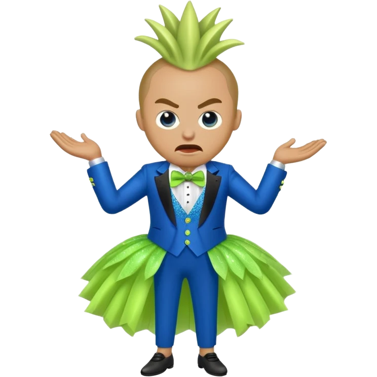 Angry blue banana wearing a sparkly lime green tuxedo and tutu emoji