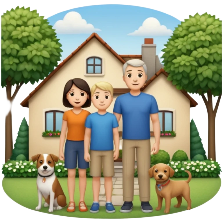 1 Father 1 Mother and 1 young BOY who is half as tall as the parents, standing in front of their house with a dog next to them. Everyone should look VERY happy. There MUST be a house behind them with trees and plants emoji