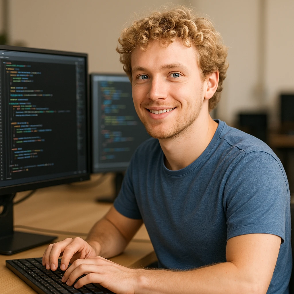 male software developer with blonde curly hair and blue eyes, working at a computer, casual attire, friendly expression emoji