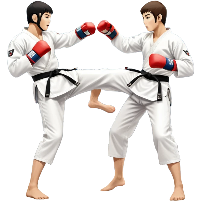 Two taekwondo fighters in traditional white doboks with black belts. One delivers a powerful kick, while the other defends by blocking with his knee. The background shows a professional arena with bright lights and an excited crowd. Transparent background highlights the intense action emoji