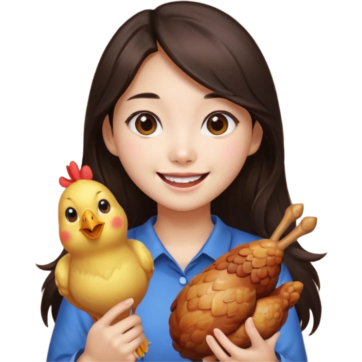 korean girl with long dark brown hair holding a chicken drumstick, expressive emoji style emoji