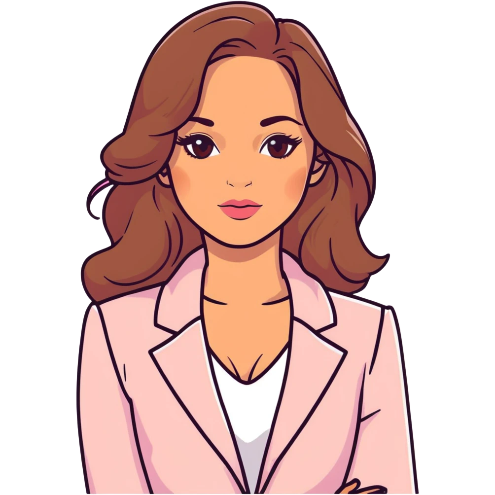 A 30-year-old woman with tanned skin, light brown long wavy hair, delicate face, almond-shaped eyes with smoky foxy eye makeup, brown eyes, wearing a light pink blazer and white satin cowl neck blouse with thin straps emoji
