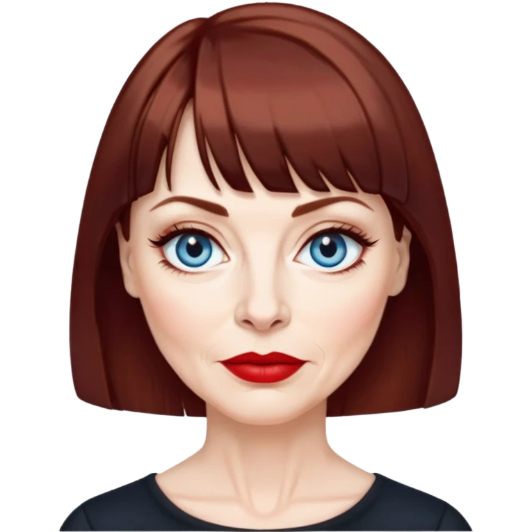 Woman in her late 50s with pale skin, wider face, more pronounced wrinkles, blue eyes with eyeliner, thin eyebrows, small nose, red lipstick, dark auburn hair with bangs, wearing a black top emoji
