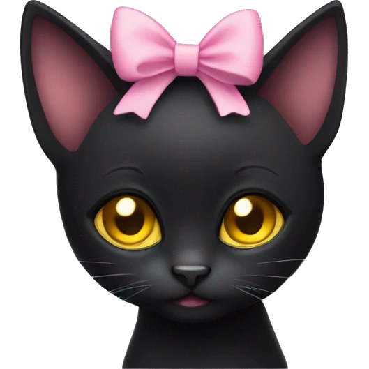 Cute small Black cat with gold yellow eyes and a pink bow on the right ear  emoji