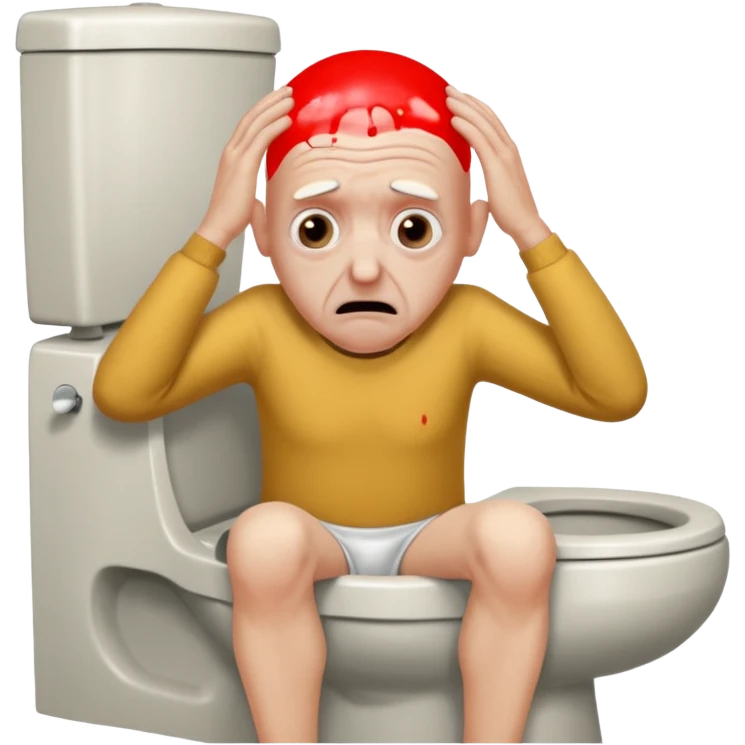 A bald person who’s very old is staring, he’s inside a toilet and his head is upright and looking at the camera with very wide eyes and his hands are putting pressure on his head, very scared expression and he’s shaking his butt emoji