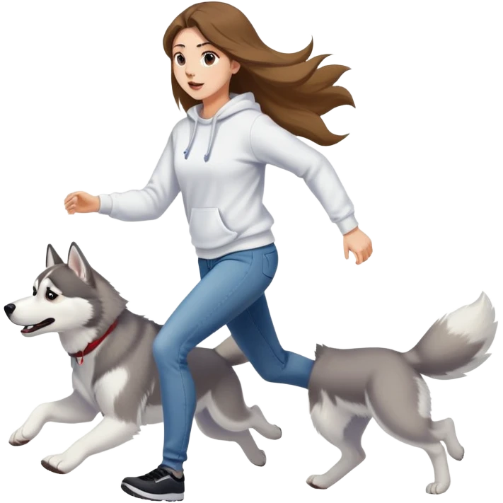 The husky is running in front, and a beautiful girl with long hair wearing a white sweatshirt and jeans is chasing behind. emoji