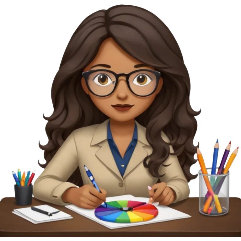 female dark wavy long hair graphic designer , color wheel, pens, papers , desktop emoji