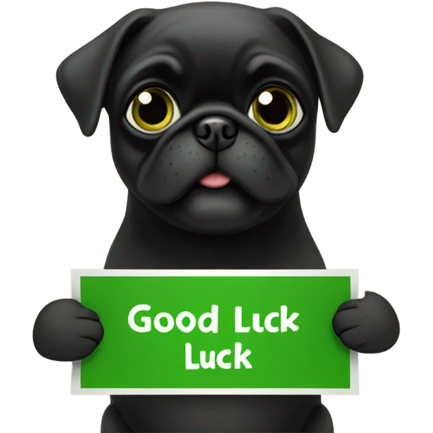 Black pug holding a green sign that says good luck  emoji
