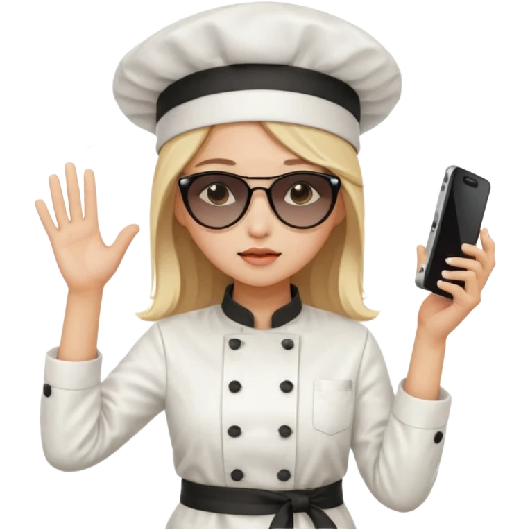 [b"A sad wooman with loight skin,k straight  hair, weawring a chehf hat andi sunglassels, dressee in K-pop  fashion, his dancino while hollding a phdone."] emoji