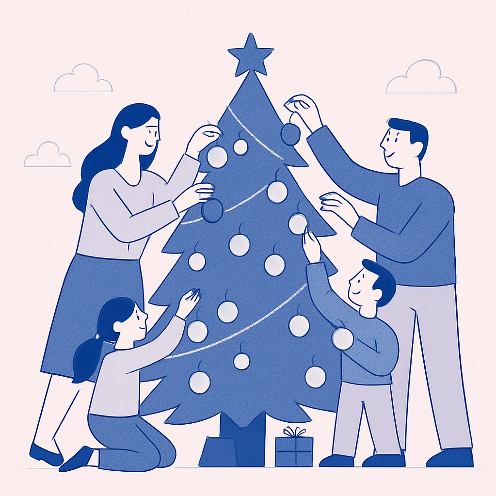 family hanging ornaments on Christmas tree emoji