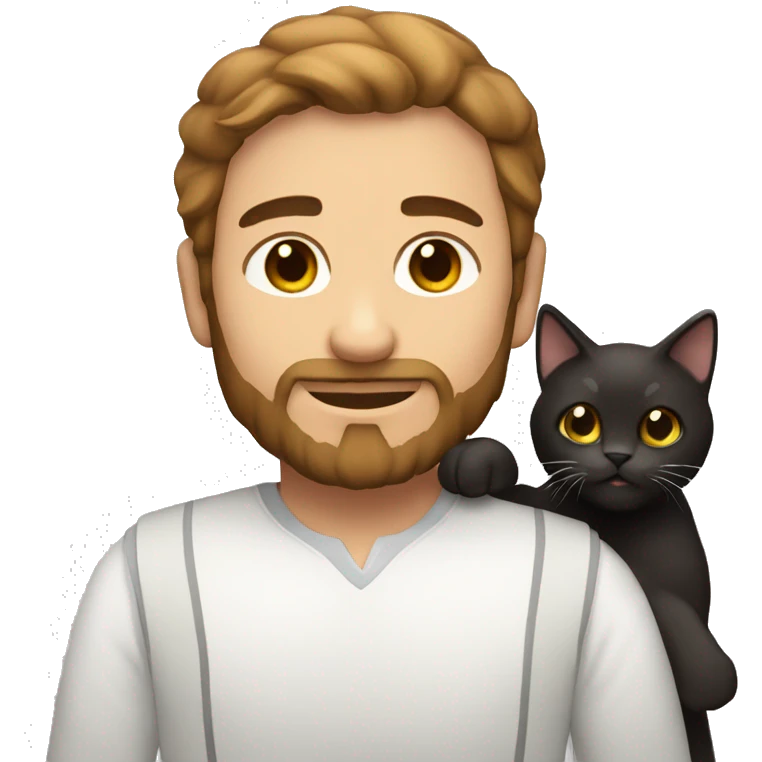 A white man with dark brown hair and beard holding calico cat emoji