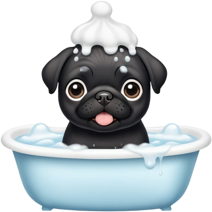 Happy adorable big eyes Black pug puppy with bath foam on top of his head emoji