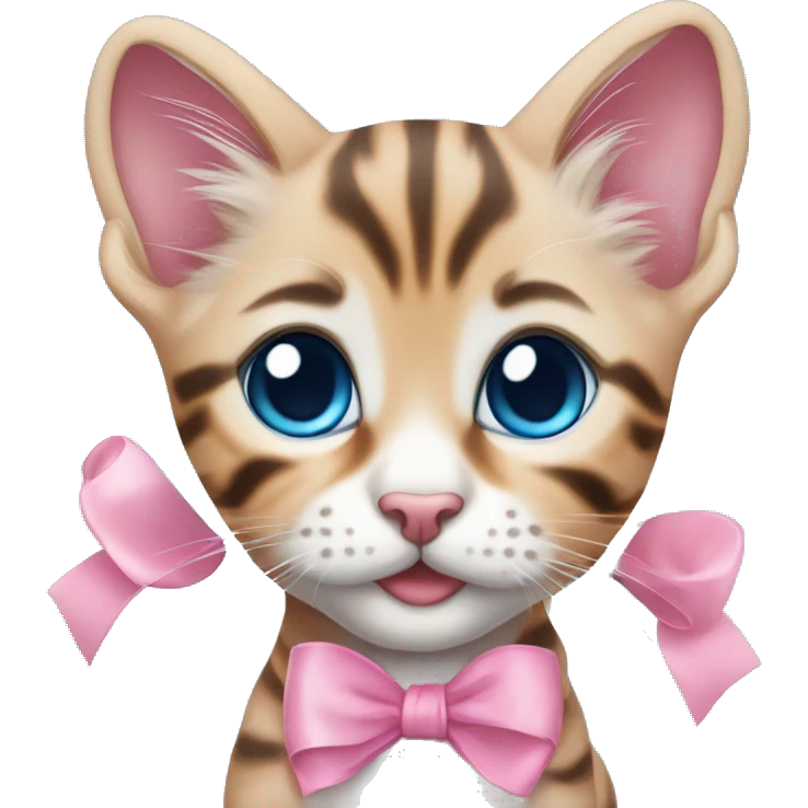 Cute little Bengal kitten with a pink bow on her head, blue eyes and light fur  emoji