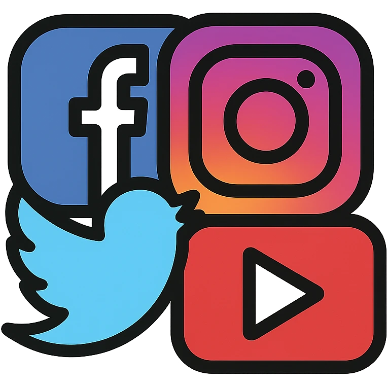 group of social media icons merged into one icon, color outline style, each platform logo simplified and harmonized for unified look emoji