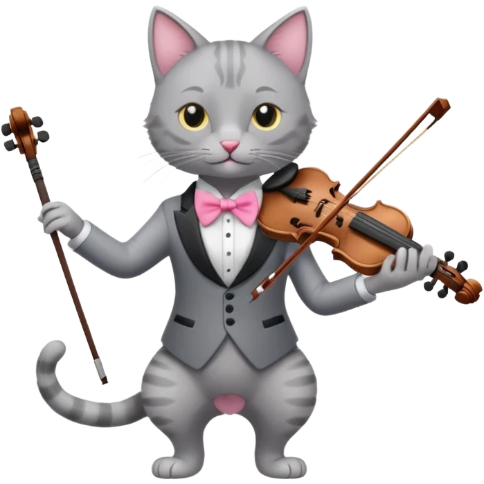 thin grey cat play violin, long full body, no tail emoji