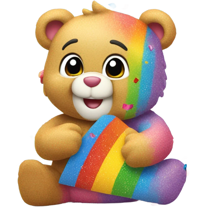 Carebear holding rainbow stuffed animal with confetti and sprinkles all over him emoji